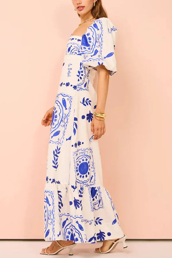 Fashion Square Collar Printed Long Dress Women Elegant Casual Short Puff Sleeved Dresses 2024 Summer Chic Female Vacation Robes
