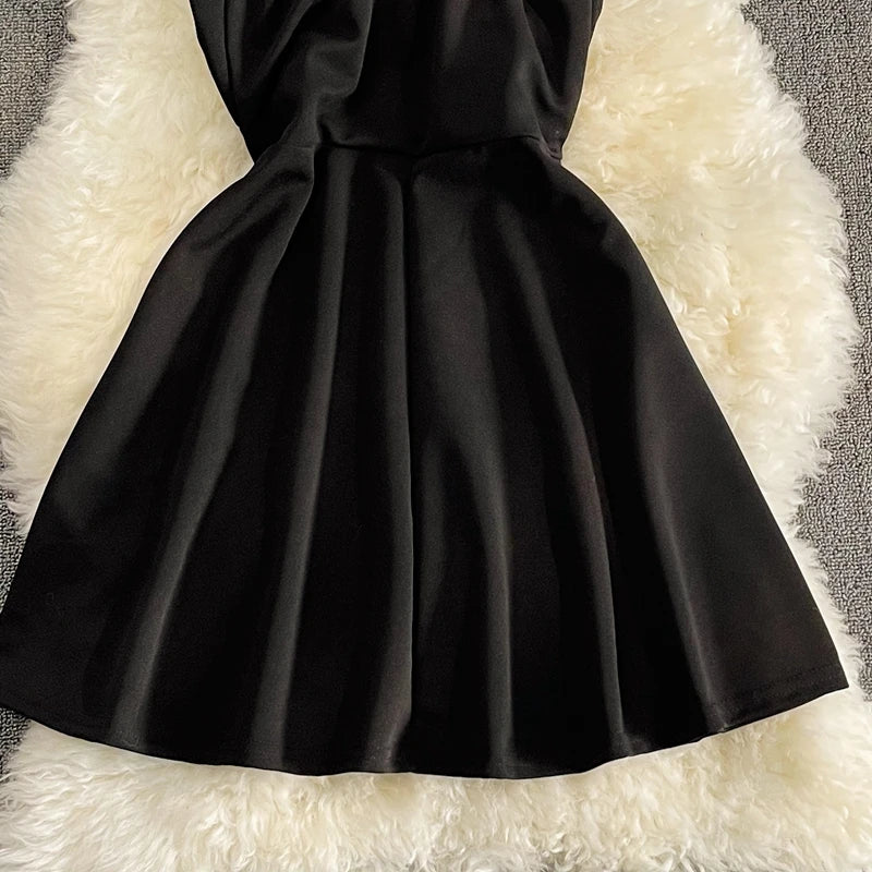 Women Black White Ruffled One Shoulder Sleeveless Mini Dress Strapless Mesh Patchwork High Waist A-line Party Dress Vestidos