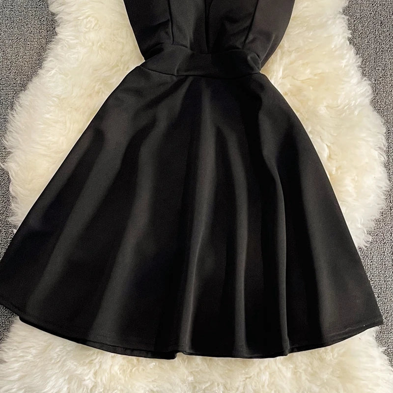 Women Black White Ruffled One Shoulder Sleeveless Mini Dress Strapless Mesh Patchwork High Waist A-line Party Dress Vestidos