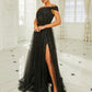 Missord Elegant Black Dot Tutu Evening Dress Women Off Shoulder Sleeveless A-line Thigh Split Party Dresses Long Prom Ball Gown