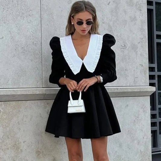 Tuularose Black Patchwork Dress Women's New Elegant Pleated A-Line Short Dress High Waist Office Lady Retro Party Dress Vestidos