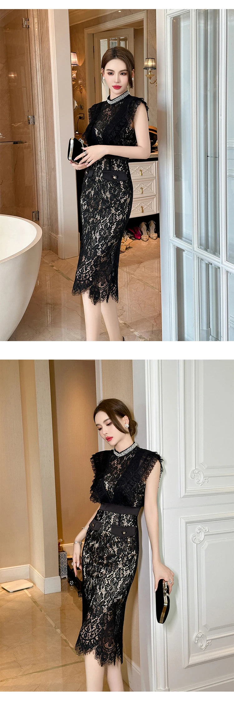 Women's French Noble Elegant Prom Dresses Black Lace Sheer Perspective Diamond High Waist Fishtail Robe Party Banquet Vestidos