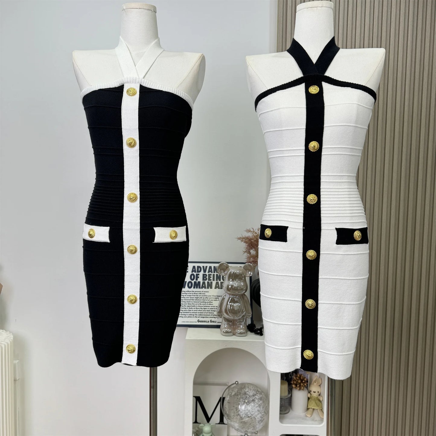 2025 Women Celebrity Sexy Backless Halter Button Bodycon Black Mini Bandage Dress Elegant Evening Club Party Dresses Vestidos
