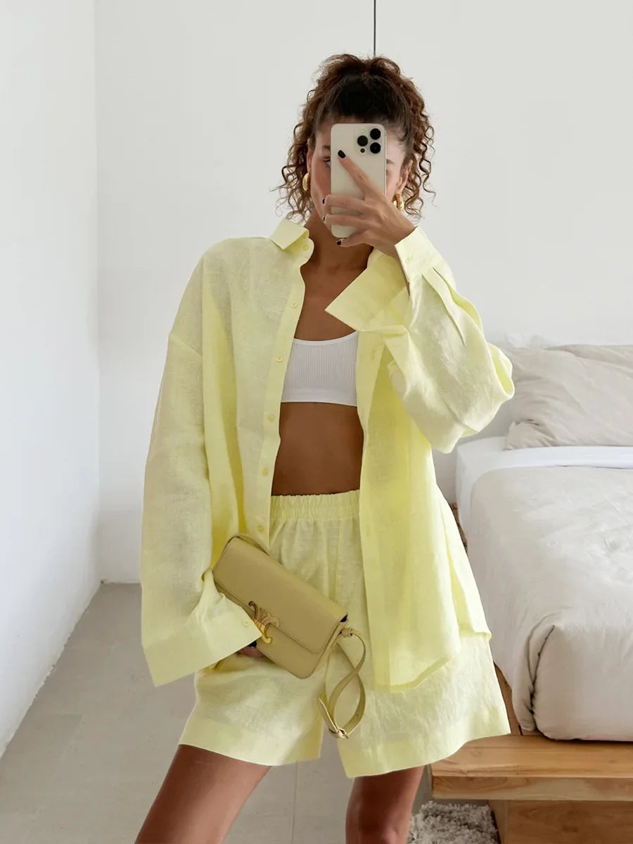 Wolfeel Women's Casual Shorts Sets 100% Cotton Solid Color Cozy Lapel Long Sleeve Shirt Summer New Elastic Waist Shorts Suits