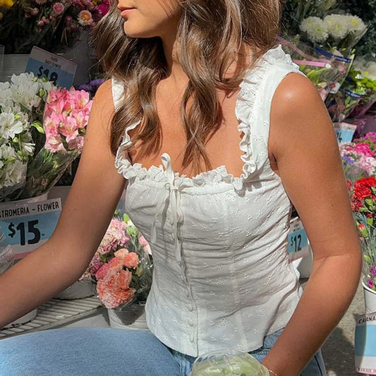 Ruffles Frill Trim Button Up White Vest Fairycore Outfits Y2K Kawaii Retro Crop Tops French Vintage Jacquard Eyelet Tank Tops