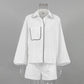 Bornladies 100% Cotton Casual Fashion Long Sleeve Set Summer Women's Pocket Black White Chic Shirt Shorts Loose Two-piece Set