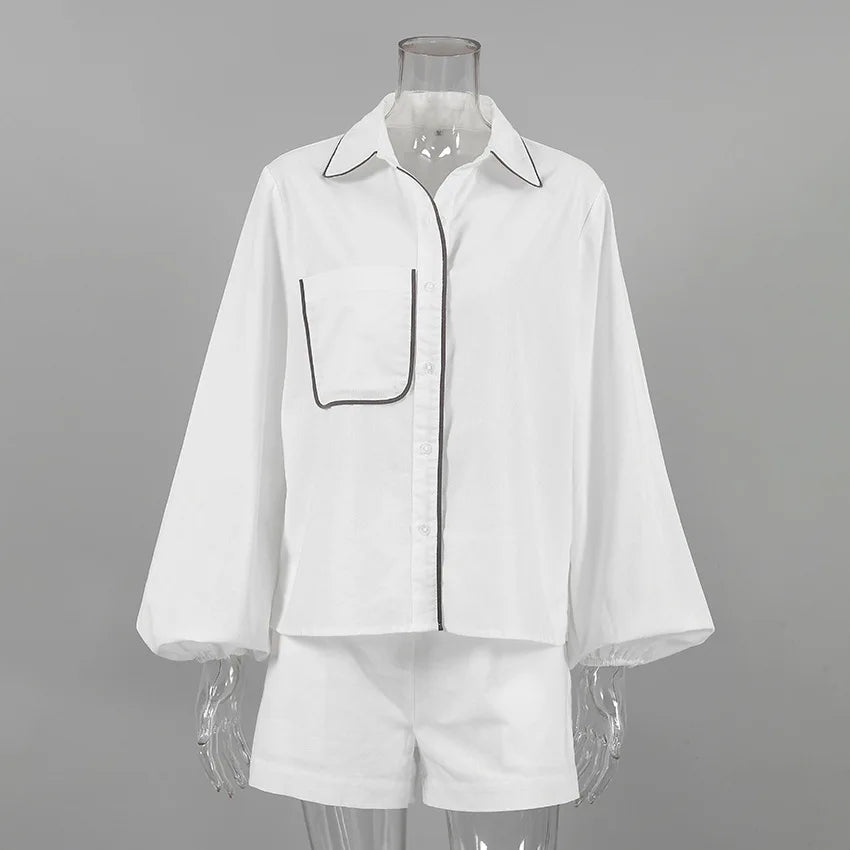 Bornladies 100% Cotton Casual Fashion Long Sleeve Set Summer Women's Pocket Black White Chic Shirt Shorts Loose Two-piece Set