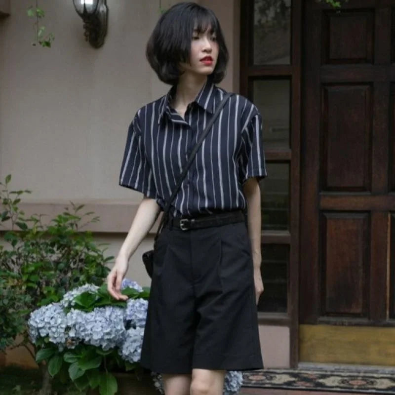 XEJ Elegant and Youth Woman Blouses Short Sleeve Striped Shirt British Style Summer Shirts for Women Fashion Retro Shirt