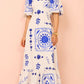 Fashion Square Collar Printed Long Dress Women Elegant Casual Short Puff Sleeved Dresses 2024 Summer Chic Female Vacation Robes