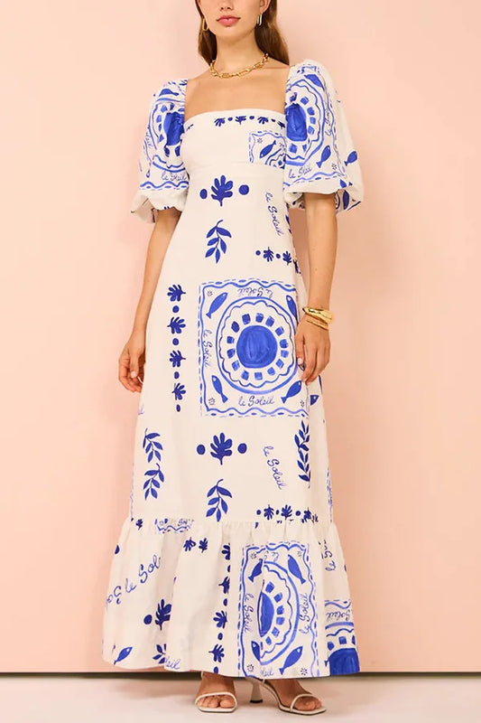 Fashion Square Collar Printed Long Dress Women Elegant Casual Short Puff Sleeved Dresses 2024 Summer Chic Female Vacation Robes