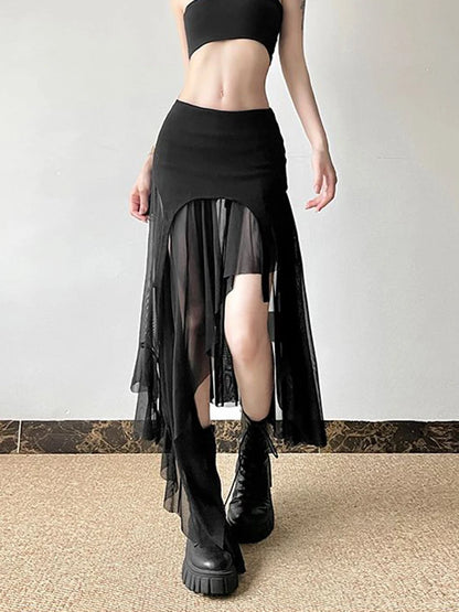 Zoki Sexy Irregular Y2K Skirts Women Vintage American High Waist Slim Slit Long Skirt Casual Lady Streetwear Retro Summer Skirts
