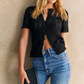 ZESSAM Solid Hollow Women T-Shirt Summer O-Neck Short Sleeve Button Lady Cardigan Classic Casual Vintage Femme Top 2025
