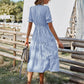 Women's Causal Striped Tassel Medium Long Dress V Neck Button Short Sleeve Spring Summer Dress