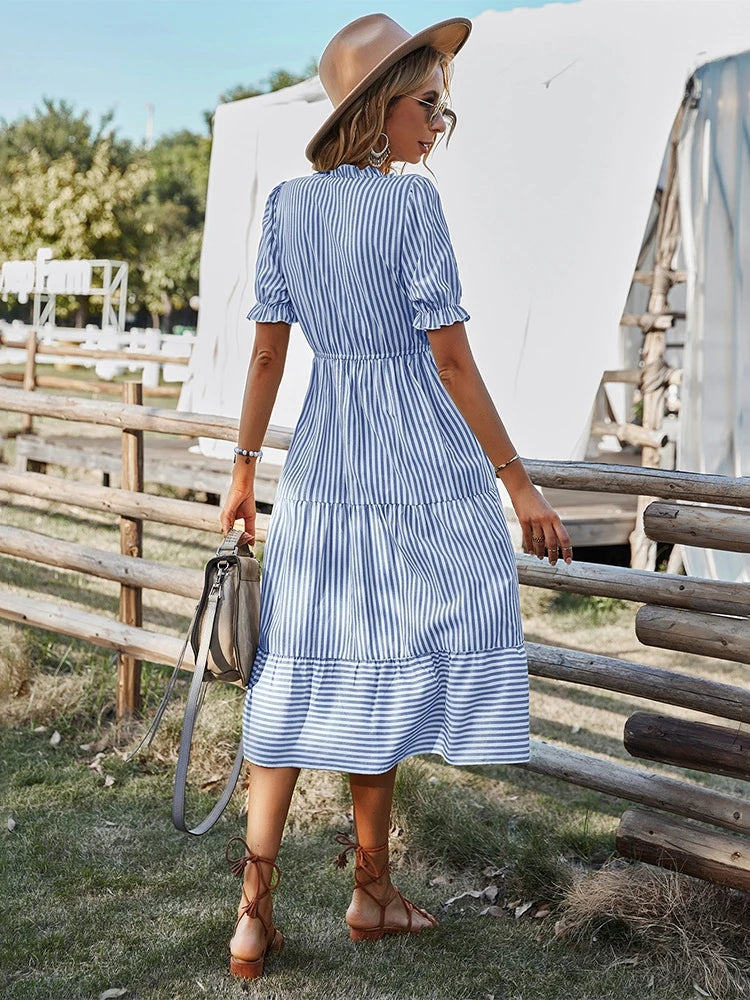 Women's Causal Striped Tassel Medium Long Dress V Neck Button Short Sleeve Spring Summer Dress