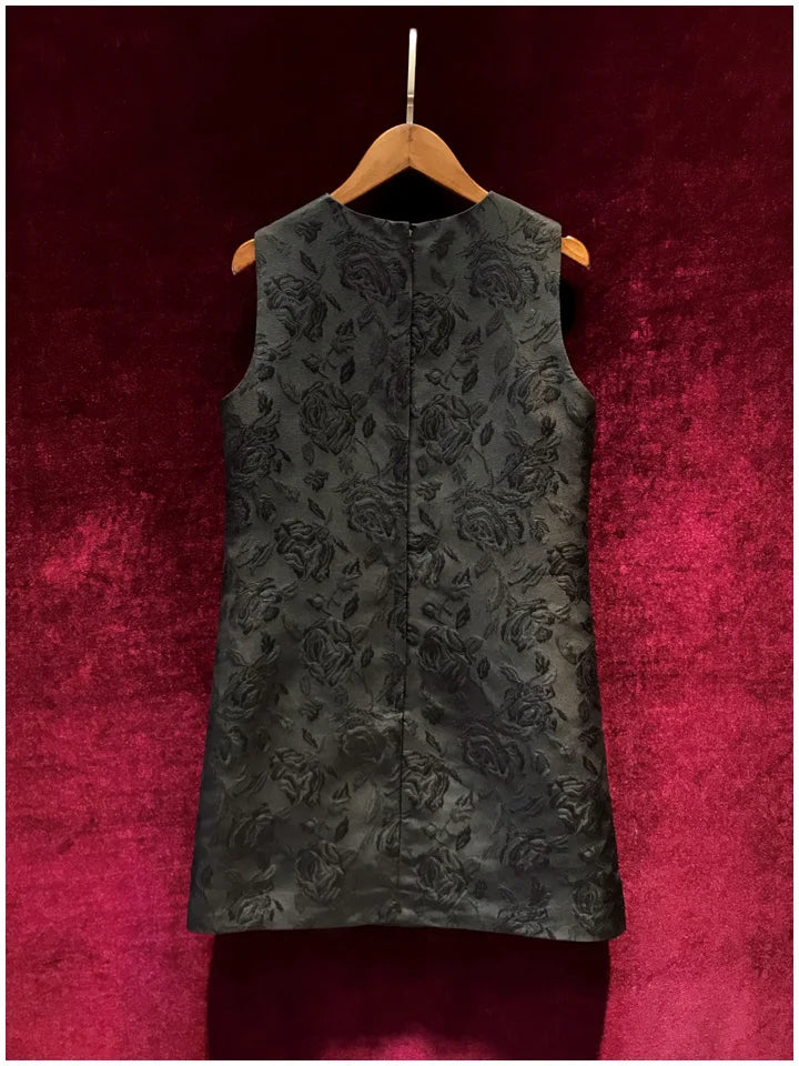 Retro Court Print Slimming Vest Dress Spring and Summer Fashion Heavy Diamond High-End Elegant Sleeveless Black Dresses Women