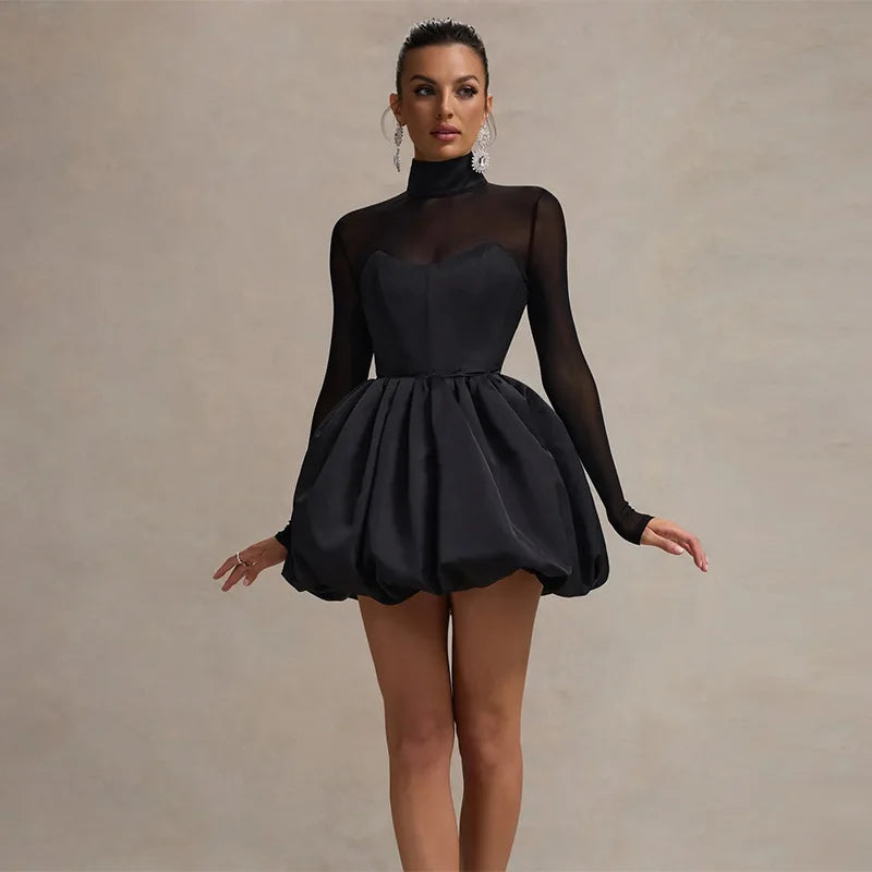 Talenza Black Mesh Sexy Mini Dress Female High Waisted Sheer Long Sleeve Patchwork A-Line Short Dress Luxury Party Evening Dress