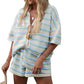 Women Casual 2 Pieces Set Loungewear Matching Suits Stripe Contrast Color Button Crochet Knit Blouse Tops + Shorts Outfits
