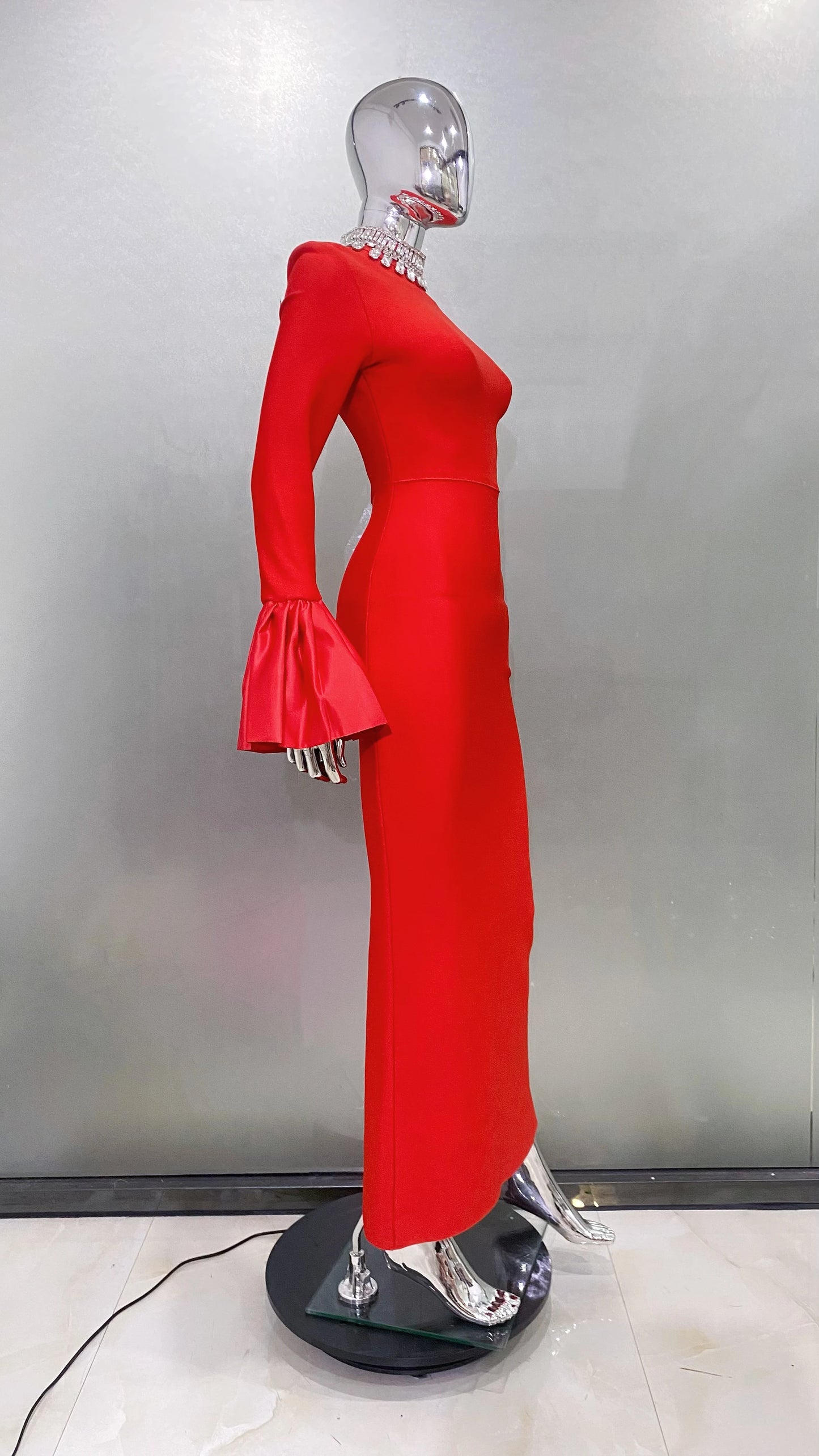 STOCK Shining Diamonds Neck Flare Sleeve Black Long Bandage Dress Elegant Woman Evening Party Dress Cocktail Party Outfit