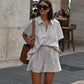 Women Casual Striped Cotton Linen Loose Shirt Shorts Suits Fashion Lapel Half Sleeves Elastic Waisted Shorts Summer Lady Outfits