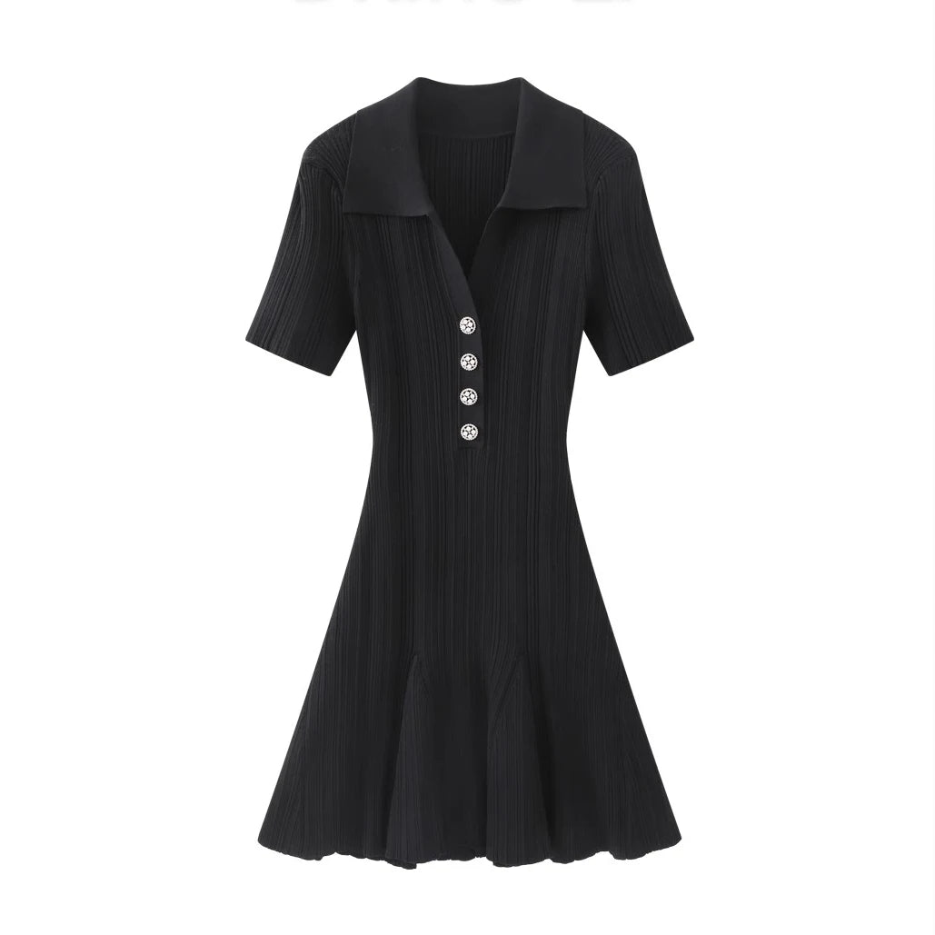 Summer New Women's Turn Down Collar Short Sleeve Knitted Mini Dress Slim Fit A-line Diamond Buttons White Short Dress  C-050