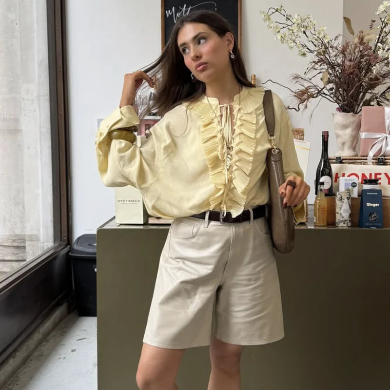 Talenza Casual Chiffon Shirt Women Fashion Pleated Lace-up Solid Lace Top Summer Vacation Loose Vintage Elegant  Female Blouses