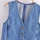 TRZA Women Fashion Front Button Denim Waistcoat Vintage V Neck Sleeveless Female Outerwear Chic Vest Tops