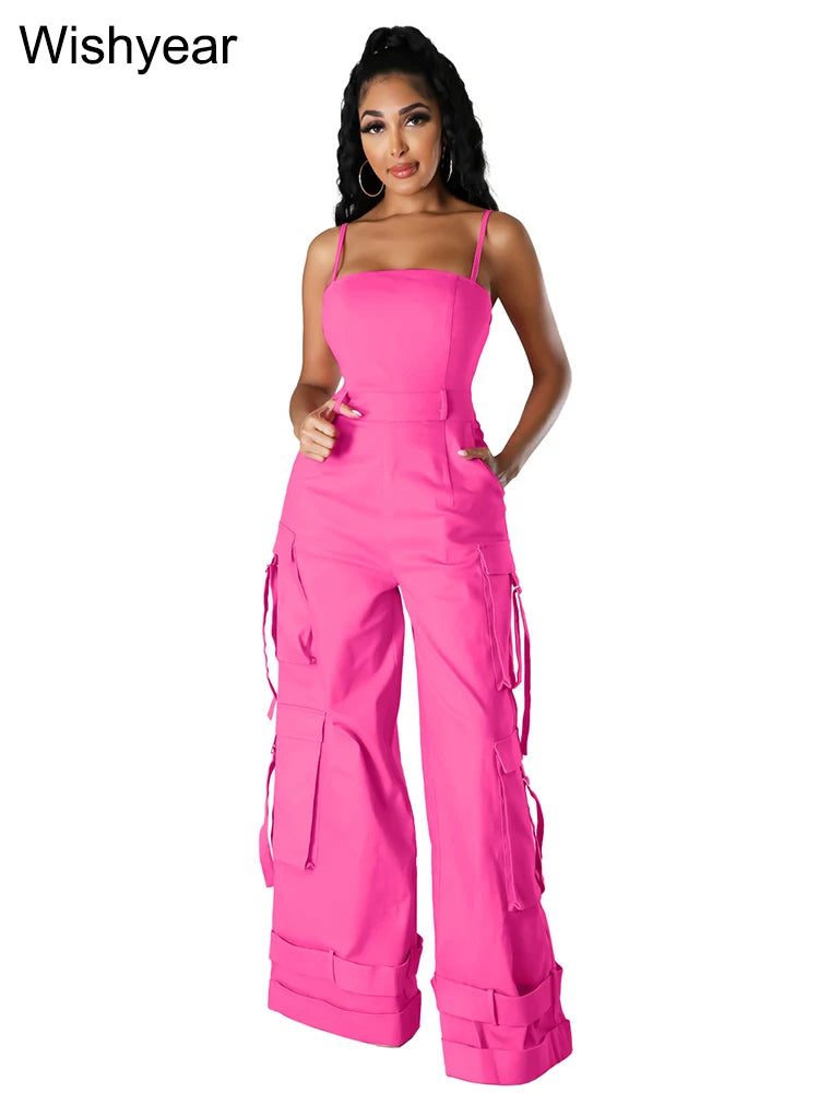 Fashion Multi Pocket Cargo Pants Wide Leg Jumpsuit Rompers Women Khaki Spaghetti Strap Backless One Piece Overalls Streetwear