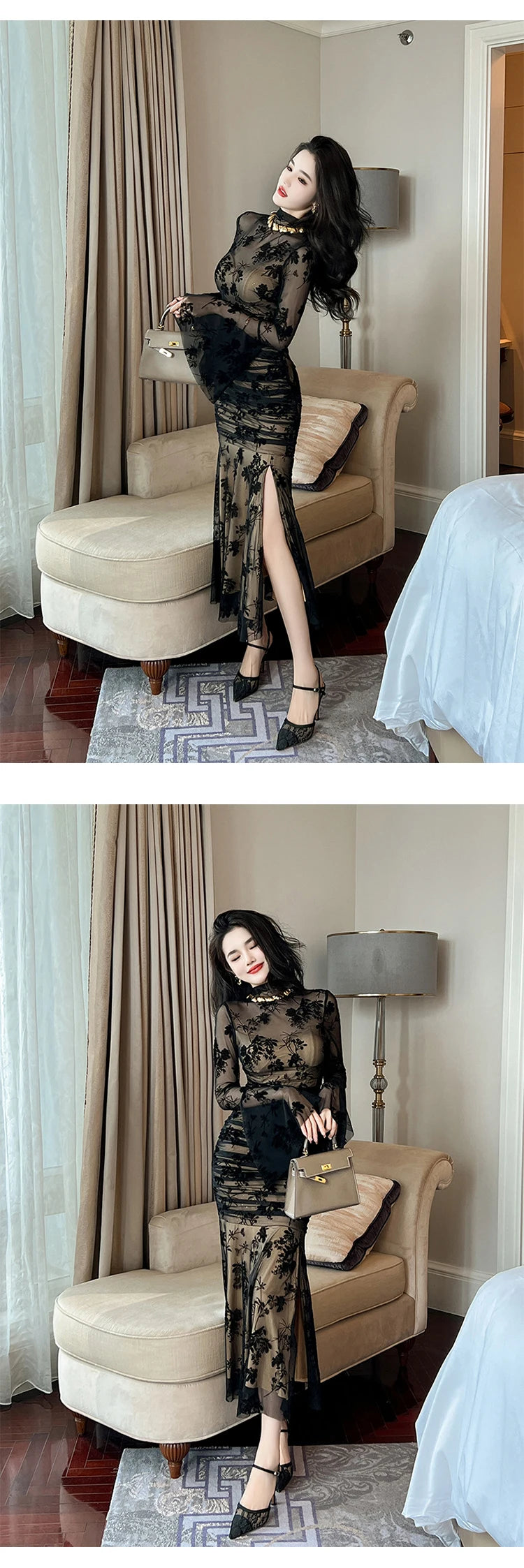 French Elegant Prom Dresses Woman Retro Black Perspective Elastic Mesh Folds Wrap Hip Slit Fishtail Robe Female Party Vestidos