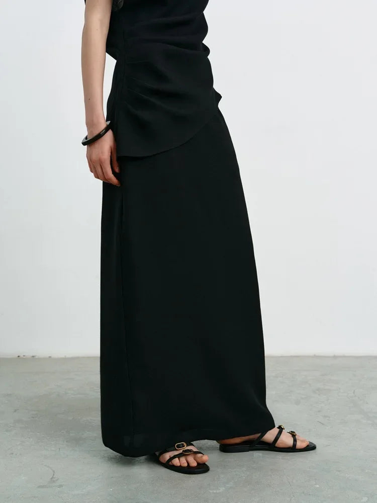 Elegant High-Waisted A- Line Skirt For Women Summer Commuting Long Dress Textile Song WhiteDrapedSideSlitLongDress