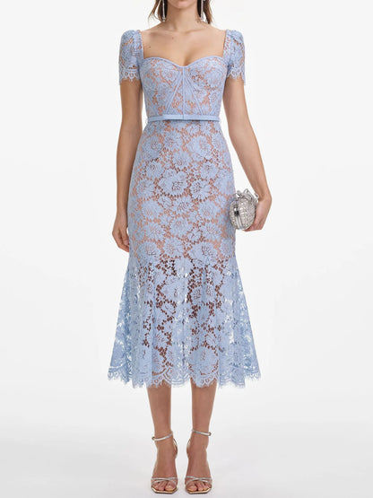 Luxury Hollow Out Long Lace Dresses Women Summer Sexy Hook Crochet Embroidery Flower Solid Backless Wedding Evening Vestidos