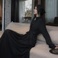 UMI MAO Chinese Style Dress Elegant Stand Up Neck Flare Sleeves Wrap Waist Show Slim Mid Length Black Drop Zen Dresses Women's
