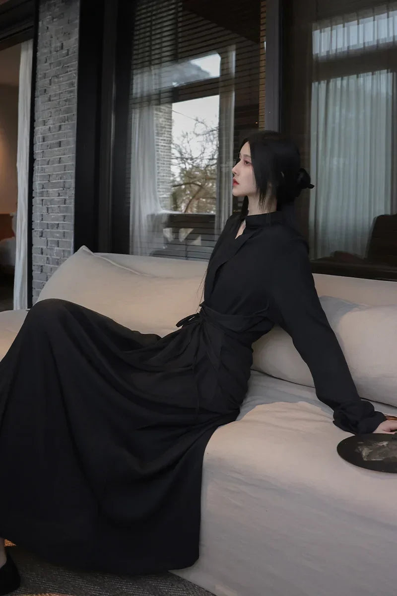 UMI MAO Chinese Style Dress Elegant Stand Up Neck Flare Sleeves Wrap Waist Show Slim Mid Length Black Drop Zen Dresses Women's