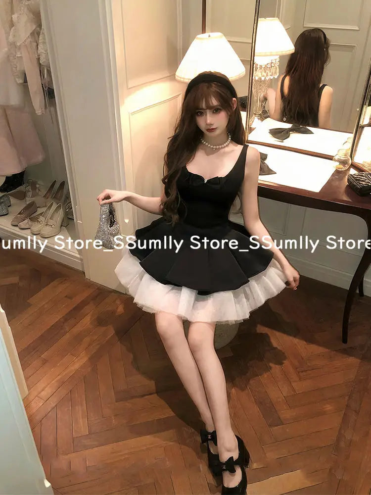 French Elegant Princess Style Slim Dress Women Mesh Black White Contrasting Puffy Dresses Summer Hepburn Chic Party Clothes 2025