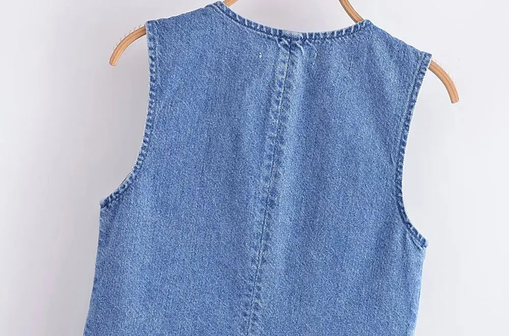 TRZA Women Fashion Front Button Denim Waistcoat Vintage V Neck Sleeveless Female Outerwear Chic Vest Tops