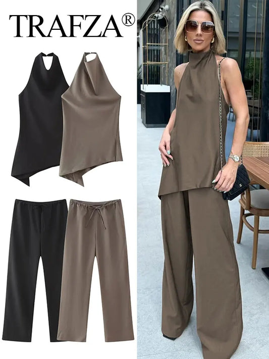 TRAFZA Women Vintage Solid Pant Sets Sexy Backless Halter Camis Top Asymmetric Tank Top + Drawstring Trousers Fashion Streetwear