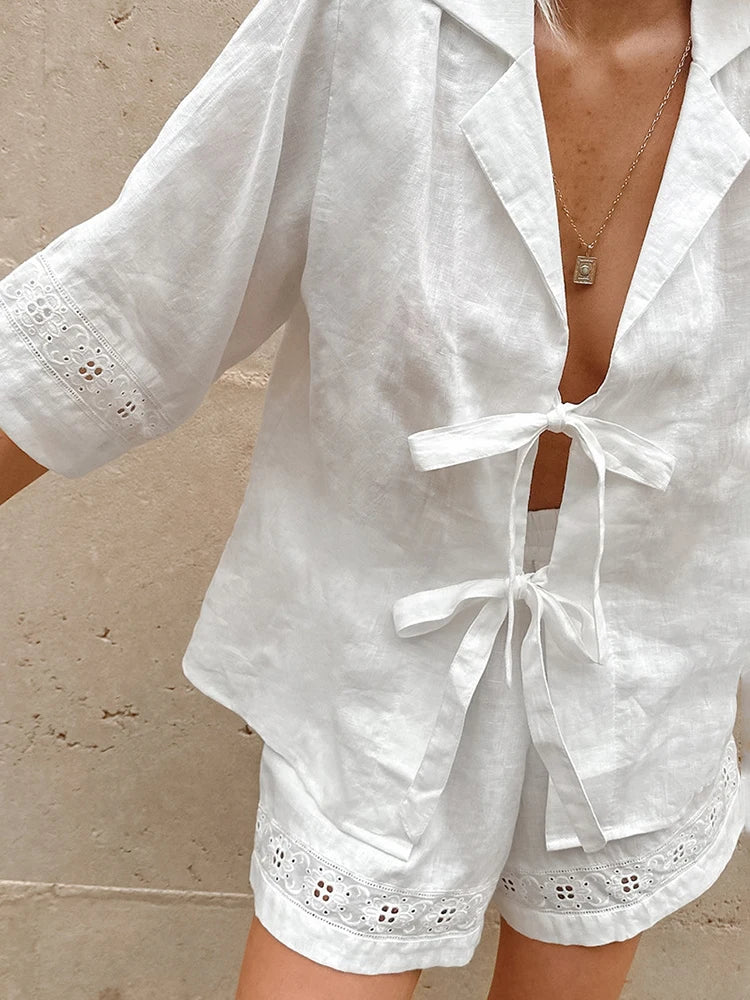 TARUXY Fashion White Cotton Linen Hollow Out Lace Up Top And Short Pants Suit Women's Loose Top Casual Splice Sets Lady Summer