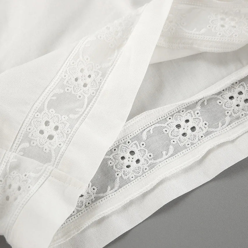TARUXY Fashion White Cotton Linen Hollow Out Lace Up Top And Short Pants Suit Women's Loose Top Casual Splice Sets Lady Summer