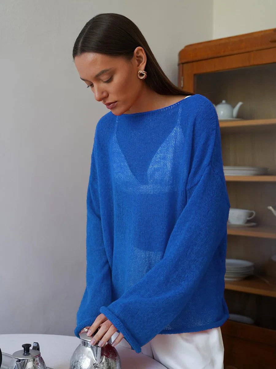 Original Fashion Hollow Out Knit Shirt Spring And Summer Women's Perspective Thin O-Neck Loose Elastic Long Sleeve Knit T-shirt
