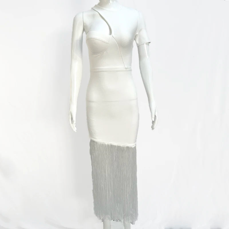 Wholesale Women's Black White Short Sleeve Tassel Tight Sexy Evening Celebrity Cocktail Party Bandag Long Dress