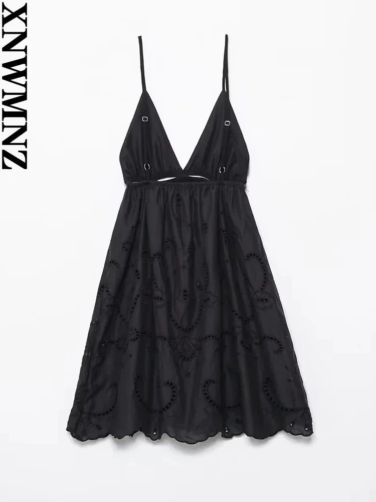 XNWMNZ 2024 Women Fashion Hollow out Embroidery Dress Vacation V-Neck Thin Strap Open Back Female Chic Mini Dresses