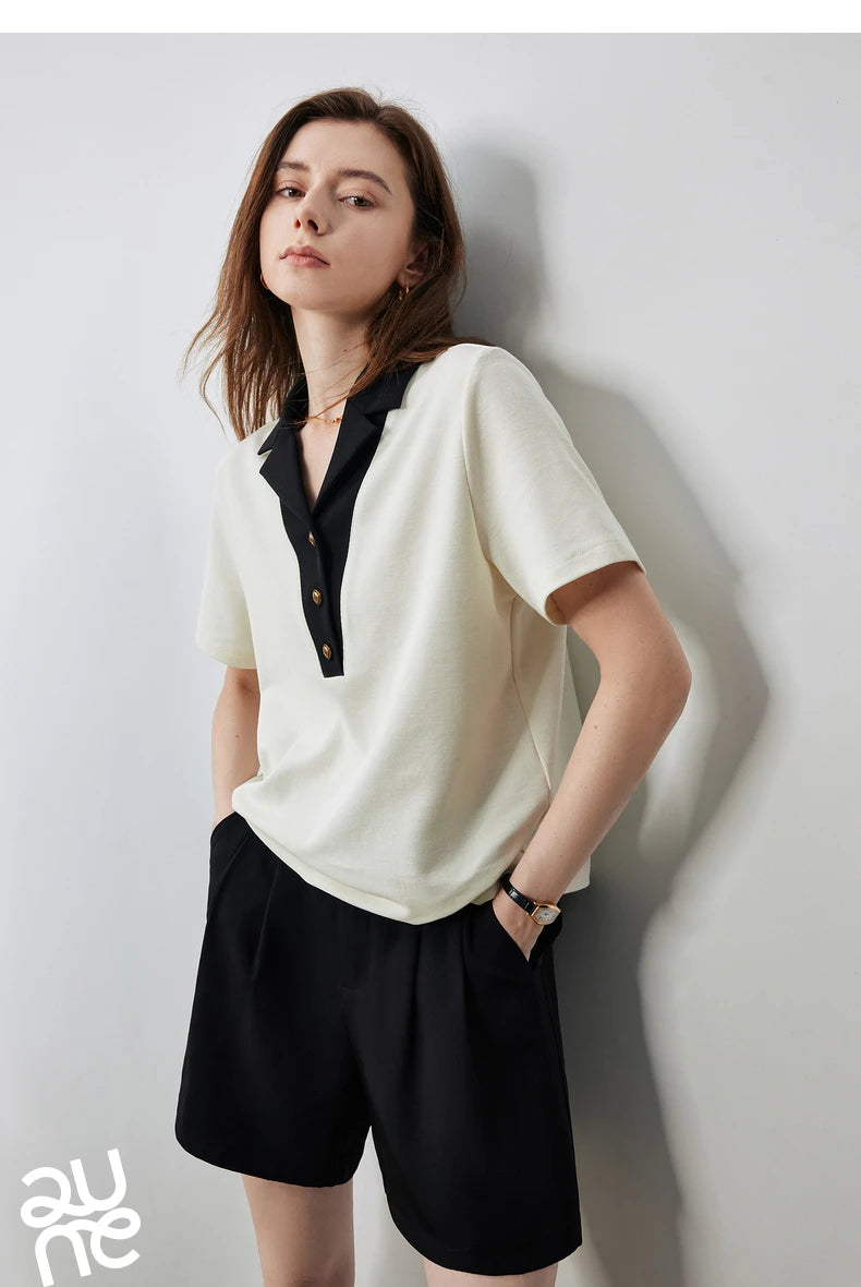 TOYOUTH Women Contrasting Colors POLO Collar T-shirt 2025 Summer New Short Sleeved Top