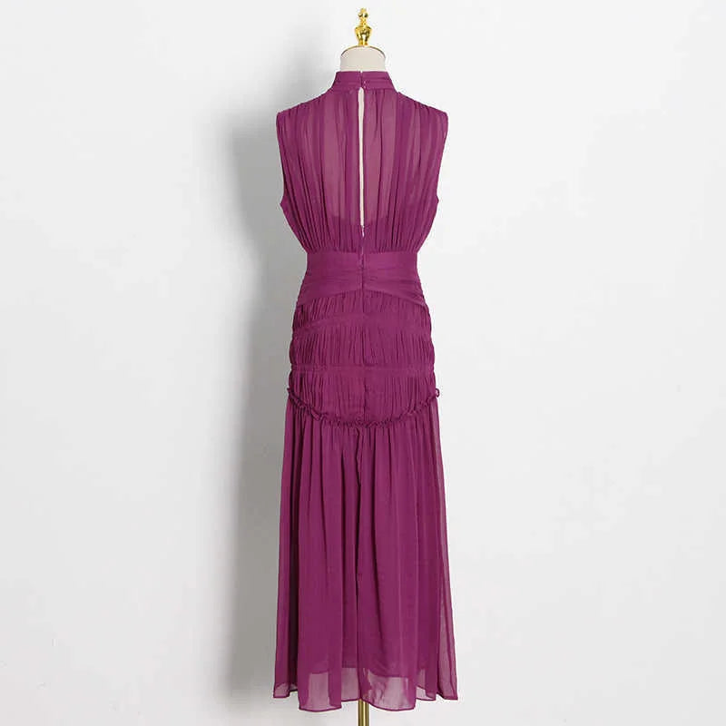 TWOTWINSTYLE Vintage Ruched Dress For Women Stand Collar Sleeveless High Waist Chiffon Midi Dresses Female 2022 Fashion New