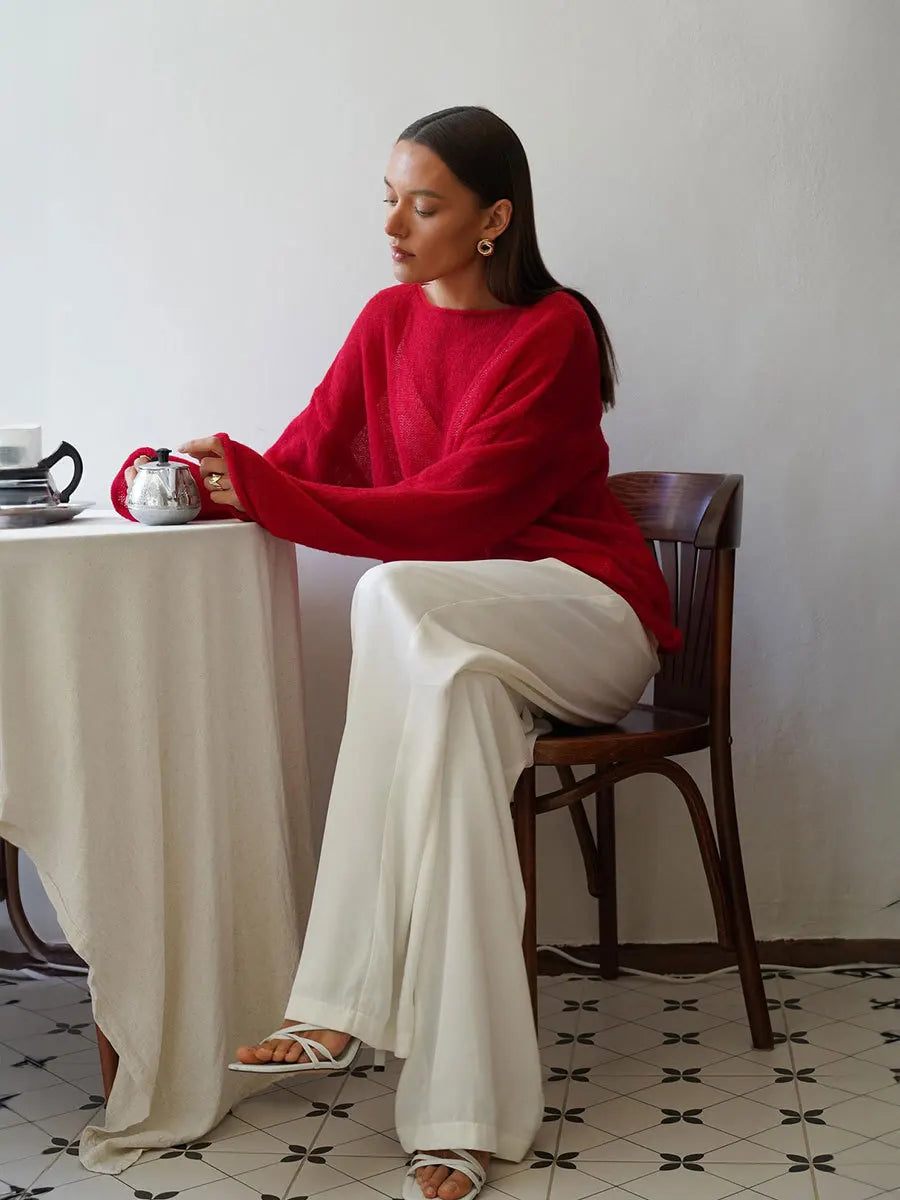 Original Fashion Hollow Out Knit Shirt Spring And Summer Women's Perspective Thin O-Neck Loose Elastic Long Sleeve Knit T-shirt