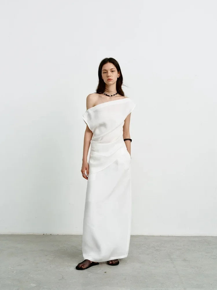 Elegant High-Waisted A- Line Skirt For Women Summer Commuting Long Dress Textile Song WhiteDrapedSideSlitLongDress