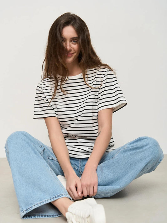 Wolfeel Summer Short Sleeve Striped T-Shirts Women Knitted Basic Casual Tops Female Cozy Loose Cotton Tees