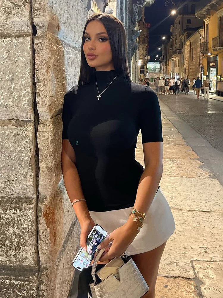 TARUXY Contrast Color Slim Mini Dress Female High Waist Splice Sexy Party Dress Half Turtleneck Women's Elegant 2024 Autumn New
