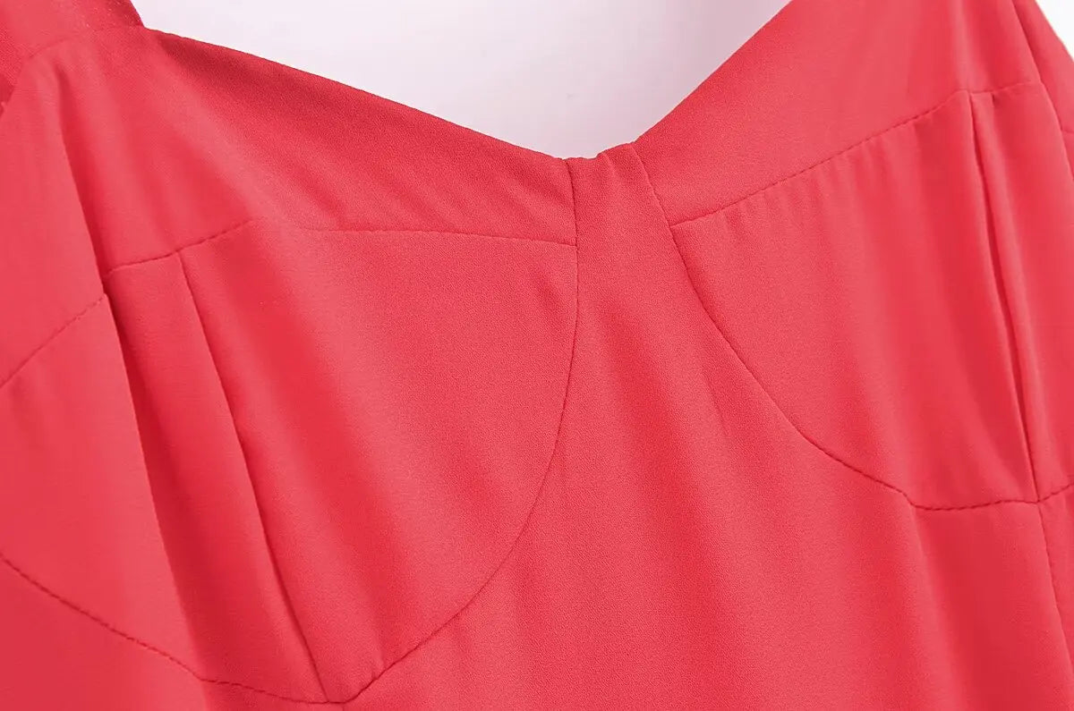 French Red Holiday Party Sling Summer Dress For Women Bow Shoulder A-line Slim Midi Chiffon Dresses