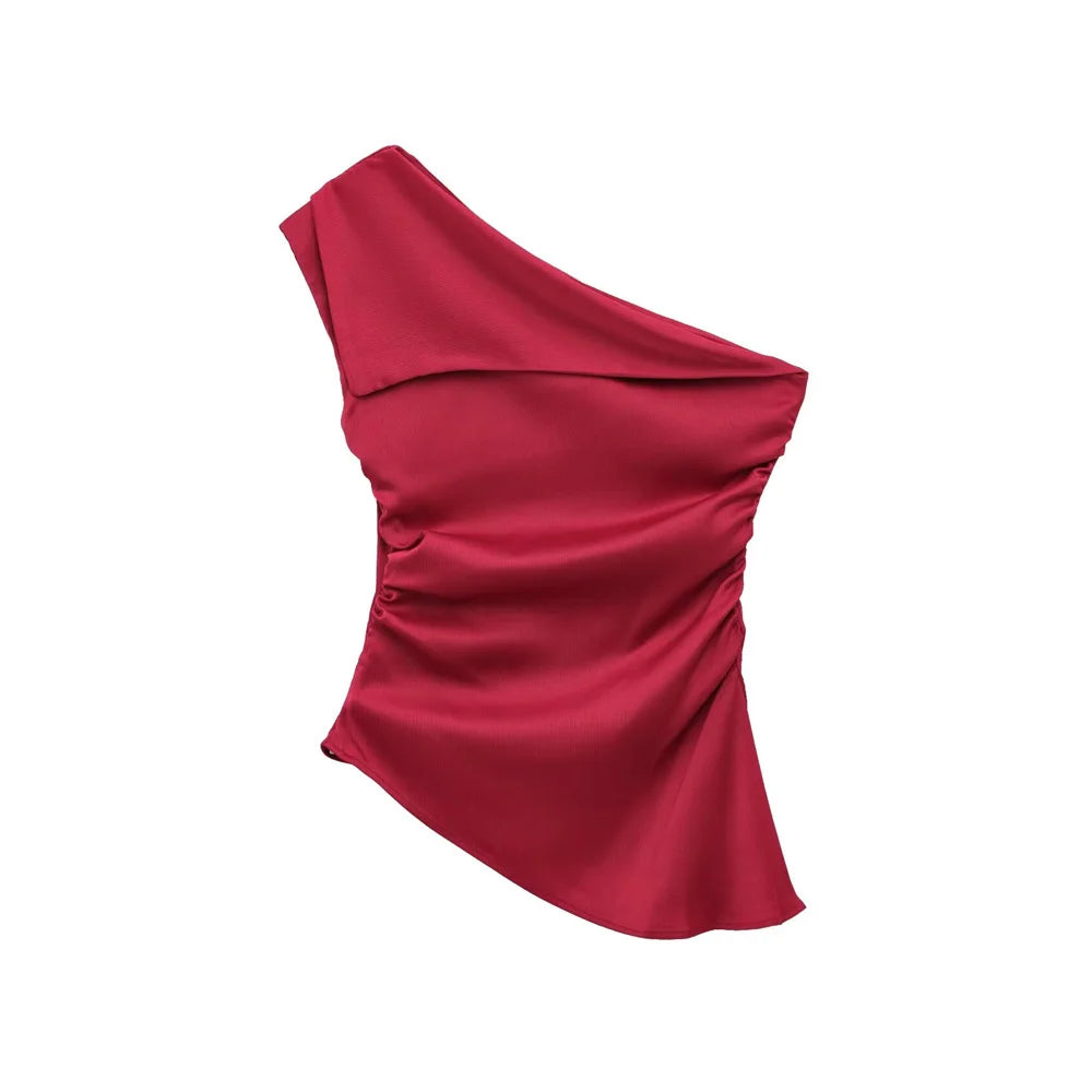 TRZA Women's Asymmetric Draped Blouse One Shoulder Side Zipper Chic Fashion Top Female Shirt