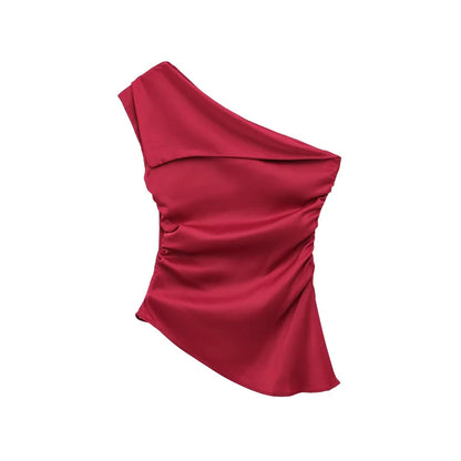 TRZA Women's Asymmetric Draped Blouse One Shoulder Side Zipper Chic Fashion Top Female Shirt