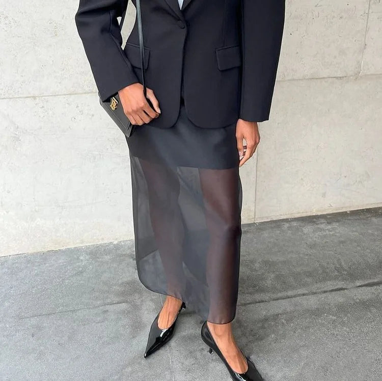 Tuularose Black Mesh Skirt Women's Sexy Perspective High Waist Slit Hip Cover Skirt Summer Fashion Casual Office Lady Skirt 2025